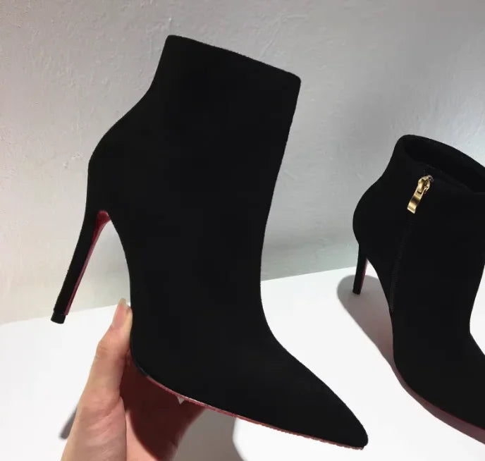 Autumn and winter new turtle patterned short boots, slim high heels, black 10cm, female pointed, slim heels, Shizang bare boots