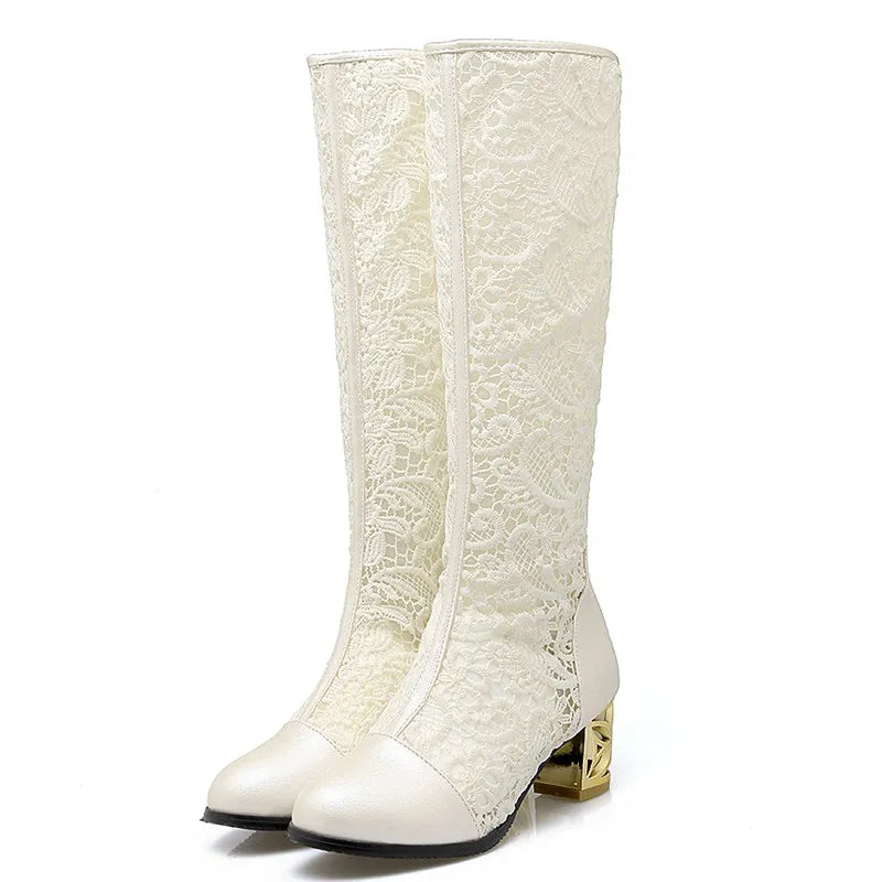 ORCHA LISA Spring Summer Boots Shoes Women Med Heels Knee Flower Lace Female Zipper Glitter Sexy White BiG Size 43 44 45