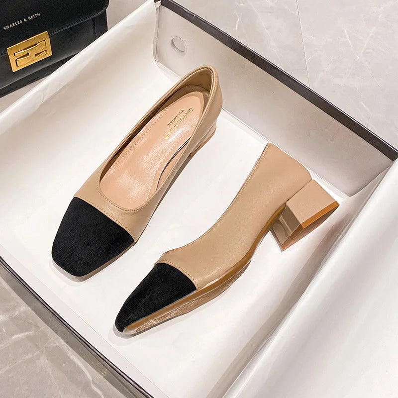 Woman Elegant Square Toe 3cm High High Heels Cute Beige Shallow Mouth Heel Female Shoes Barefoot Color Blocking Birken Shoes