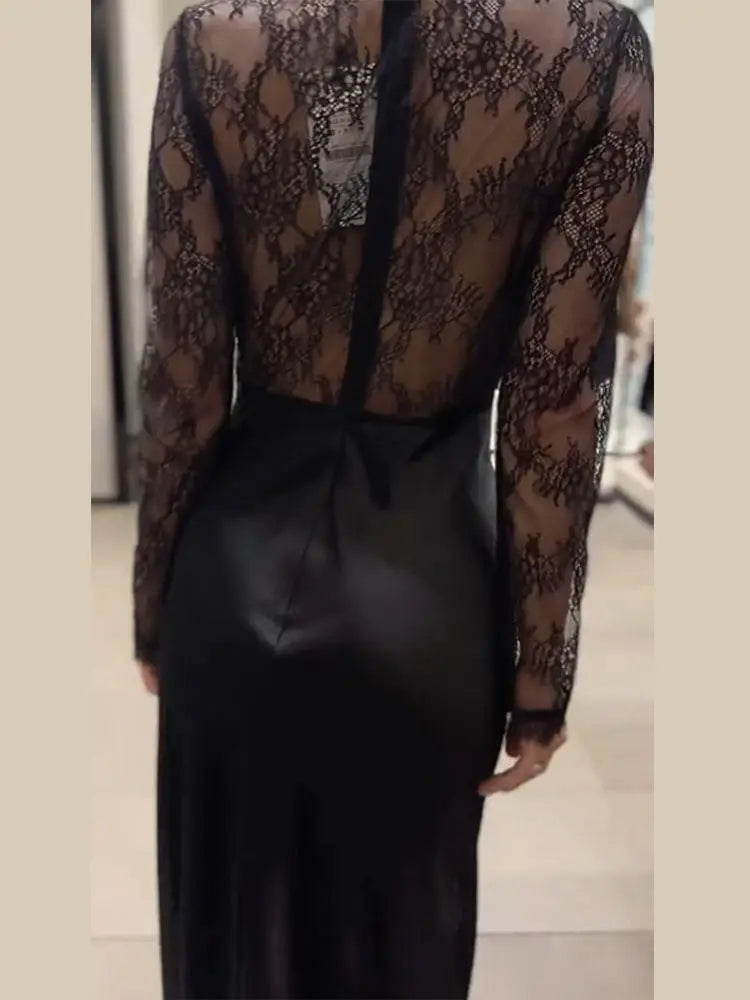 Lace Patchwork Long Evening Dress With Sheer Sleeves For Women Clubwear