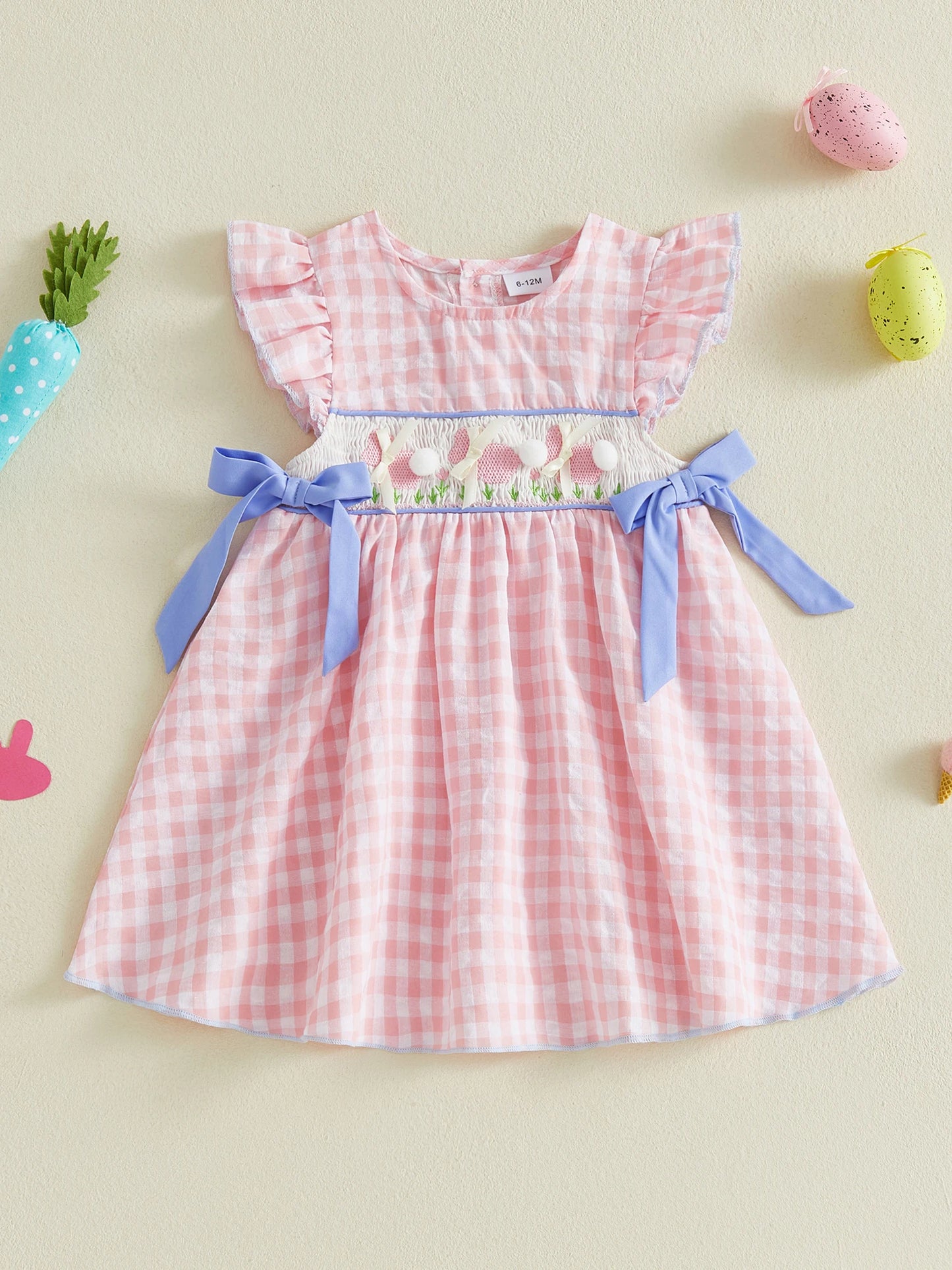 Toddler Baby Girl Easter Dress Flying Sleeve Crew Neck Rabbit Embroidery Plaid Print Bow Decor A Line Dress