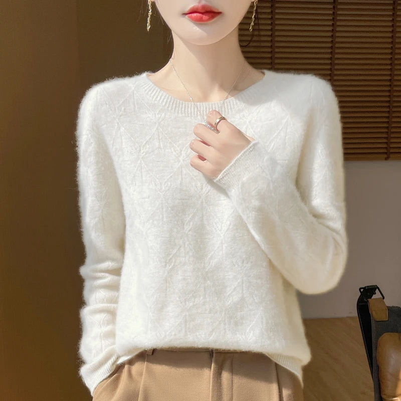 Women 100% Merino Wool Sweater Casual Hollow out Cashmere Blouse O-neck Pullover Tops Autumn Winter Warm Knit Woman Wool Sweater