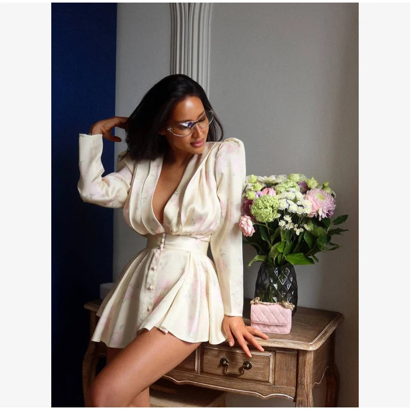 Elegant Floral Printed Waist-cinched Mini Dress Women Pleated Deep V-neck Long Sleeve Button-front Dresses Fashion Party Robe