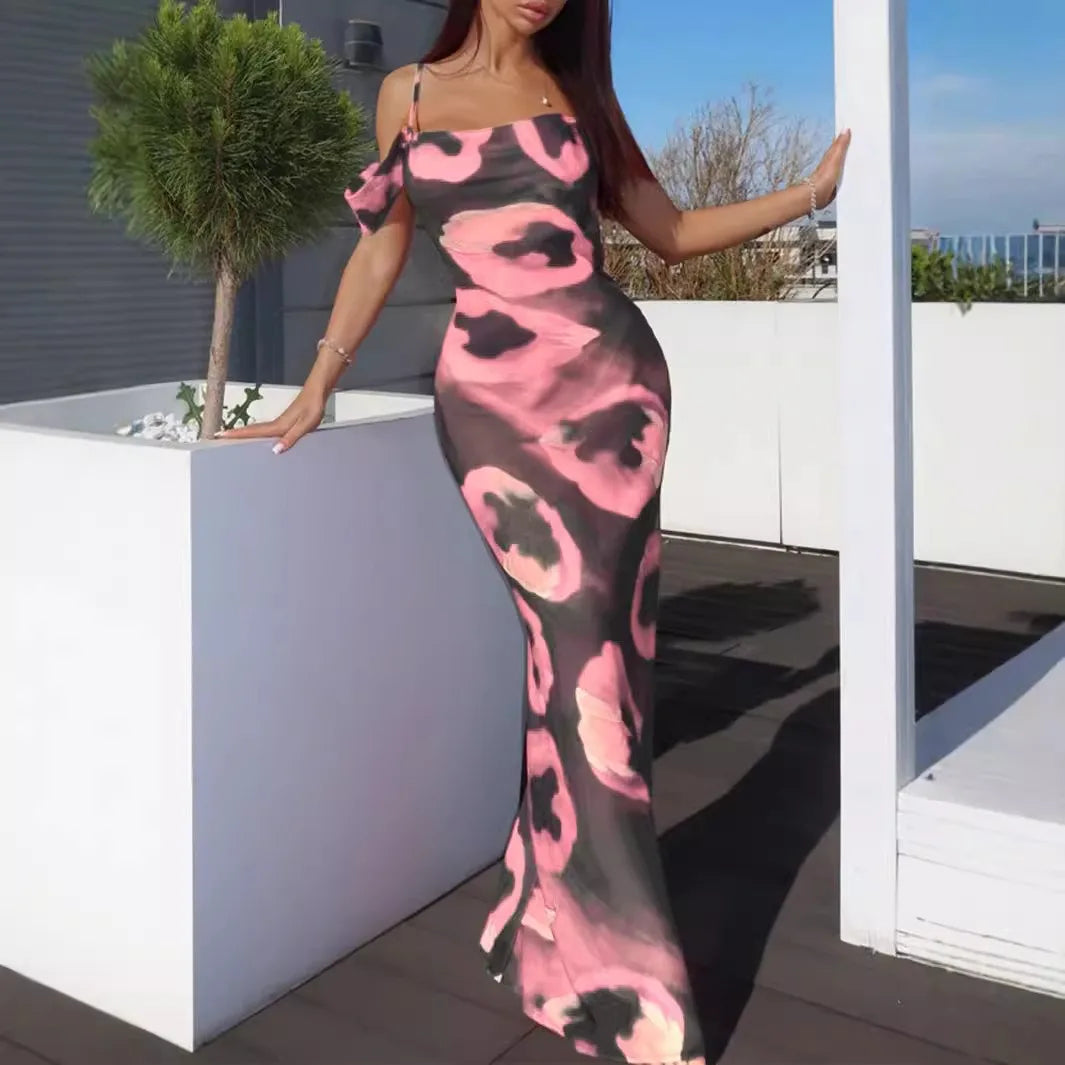 2024 popular American sexy printed suspender dress, long skirt, European and American style dress