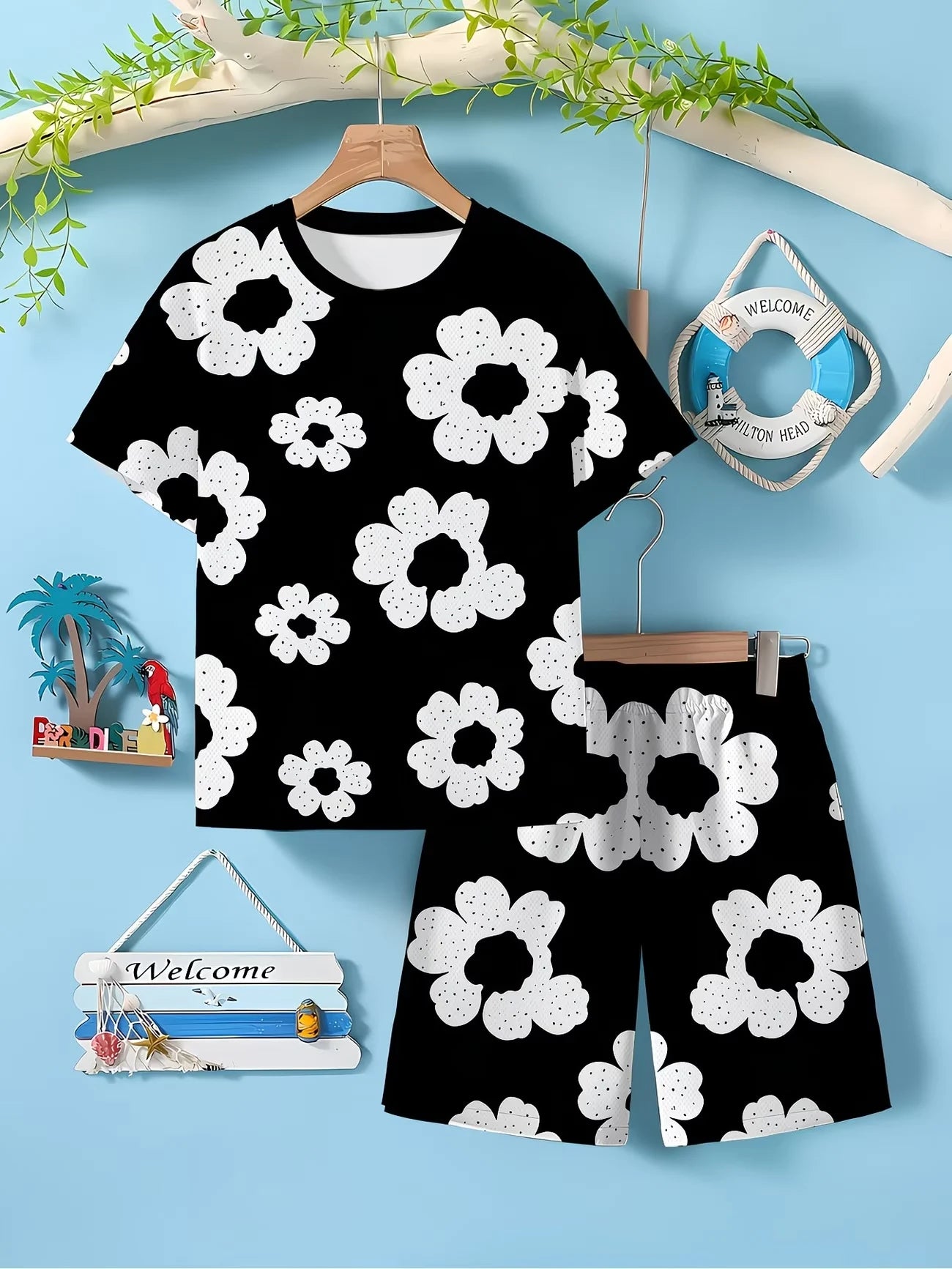 Kawaii Floral Print Kids Sport Suit Short Sleeve Tee and Shorts 2-Piece Set Black Casual Summer Clothes for Boys