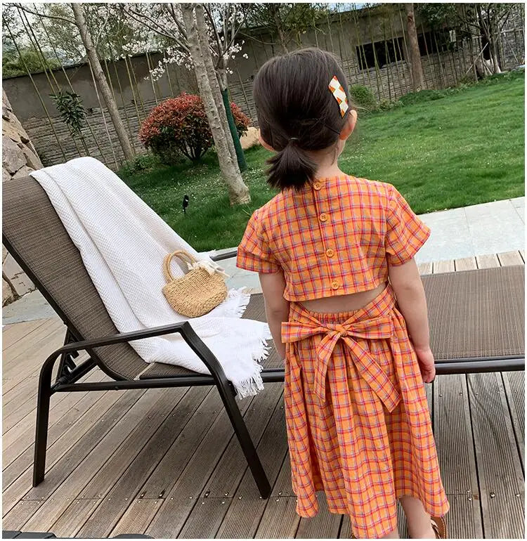 Summer Casual Baby and Girls Cotton Plaid Single-Breasted Short-Sleeved Lace Up Back Dress Kids Lovely Outfit Clothing 2-8 Years