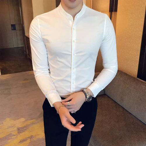 Men Slim Fit Shirt 2025 Autumn Cotton Solid Stand Collar Casual Business Long-sleeved Shirts Male Fashion Camisas Men Clothing