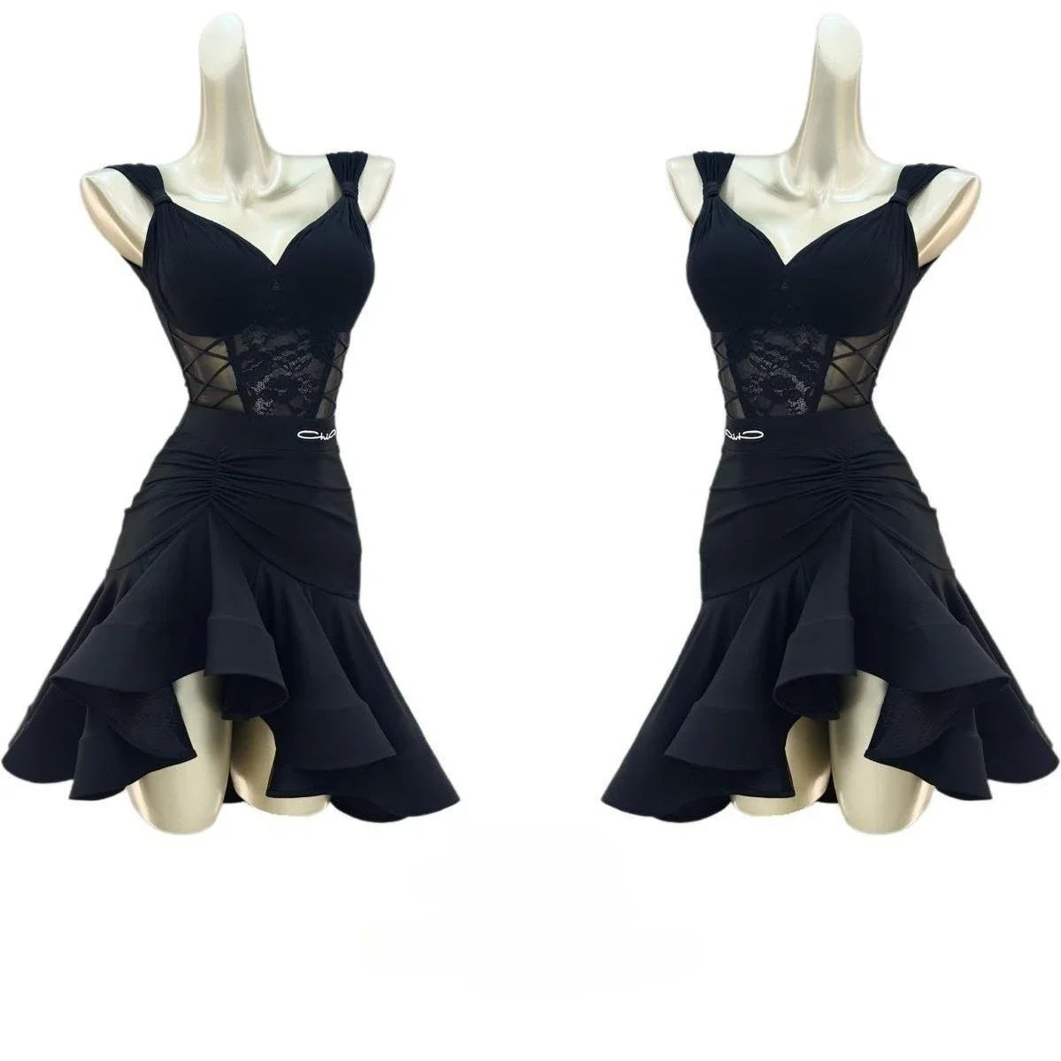 Women Latin Dance Dress Outfits Lace Bra Jumpsuits Tops Ruffled Skirt Adult Female Dance Competition Stage Performance Costumes