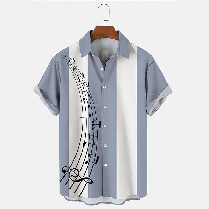 Men's Shirt Casual Buttoned Cardigan 3D Music Symbol Print short-sleeved Shirt Simple Striped Open Lapel Top