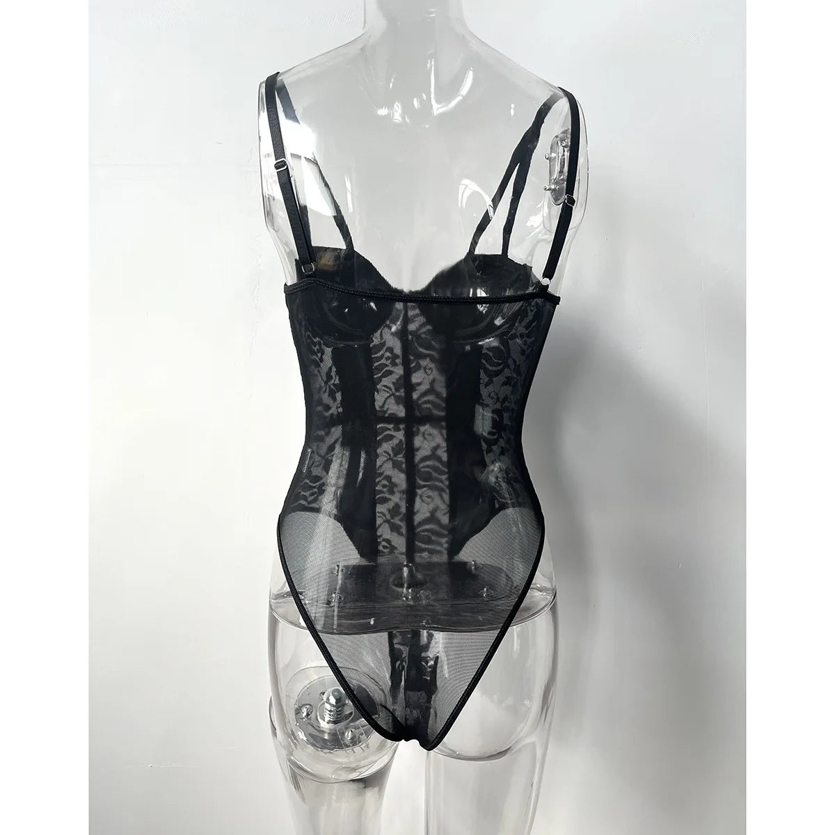 Bazaarhubo black lace bodysuit for women with sheer mesh panels and adjustable straps
