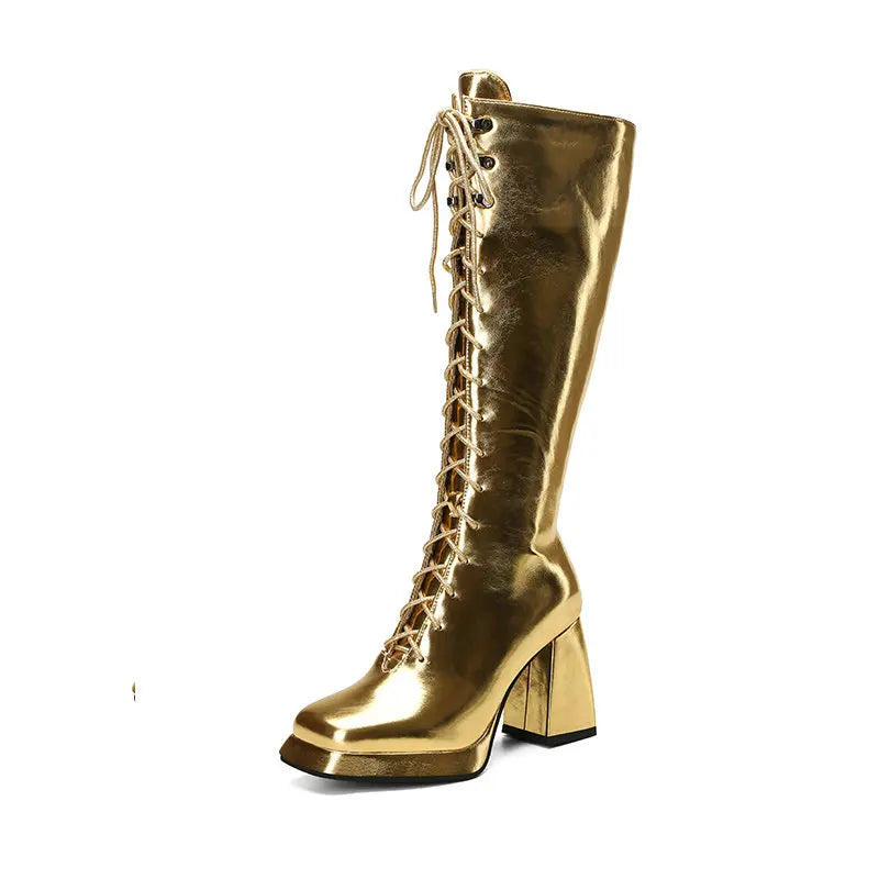Big Size 45 46 Women Shoes Winter Fall Warm Lace-up Chunky High Heels Metallic Gold Silver Knee-high Riding Platform Goth Boots