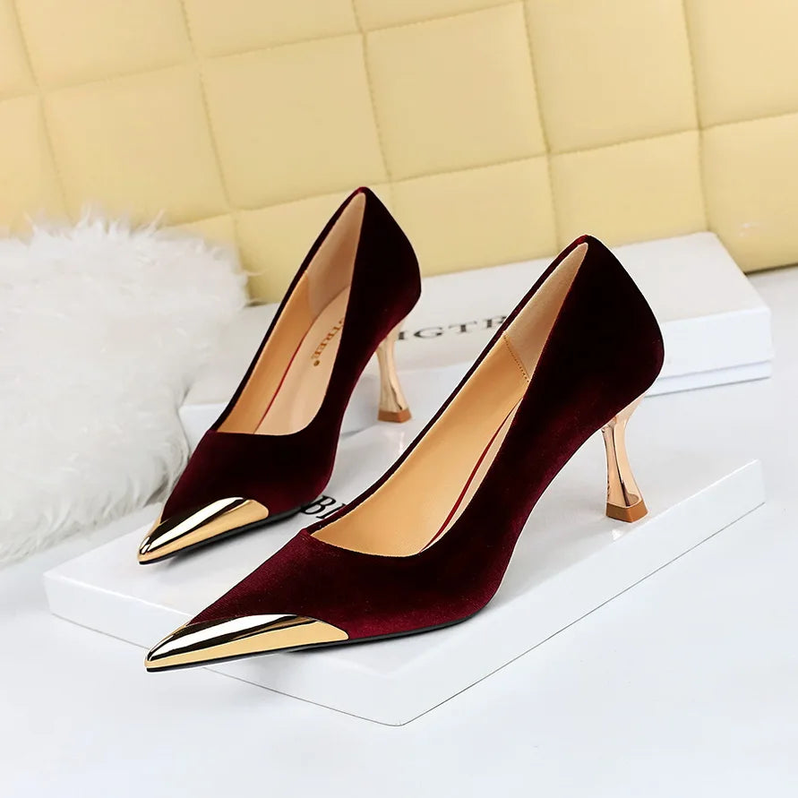 BIGTREE Fashion Sexy Nightclub Slim Wine Glass Pumps High Heel Velvet Shallow Mouth Metal Pointed Party Women's Shoes