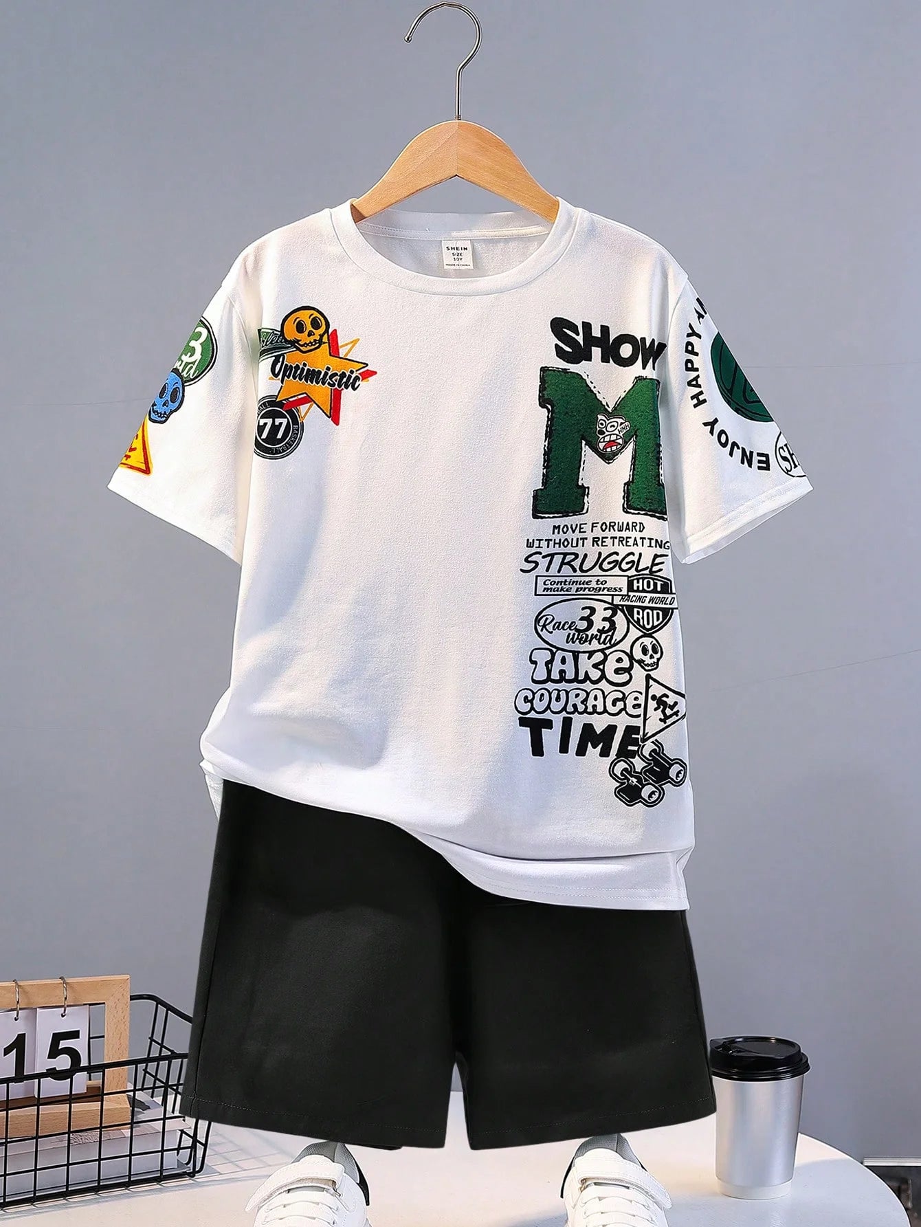 Summer Kids' Suit Boys' Loose Casual Crewneck Patterned Short-sleeved T-shirt and Shorts Comfortable Cool Tracksuit