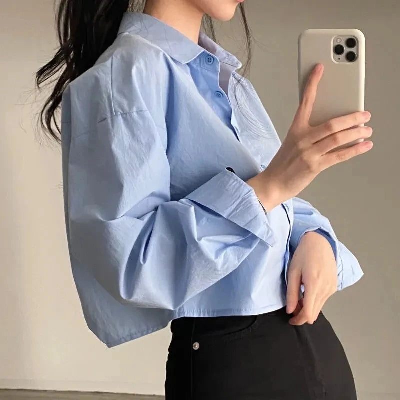 Zadily White Casual Long Sleeve Crop Top Blouse Korea Style Women Spring 2023