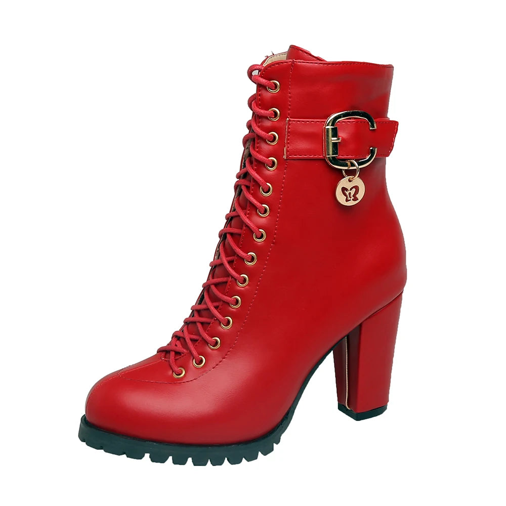Women's Autumn Lace-Up Chunky Heel Ankle Boots with Belt Buckle Side Zipper High Heels Booties Lace Up Design Classic Lolita