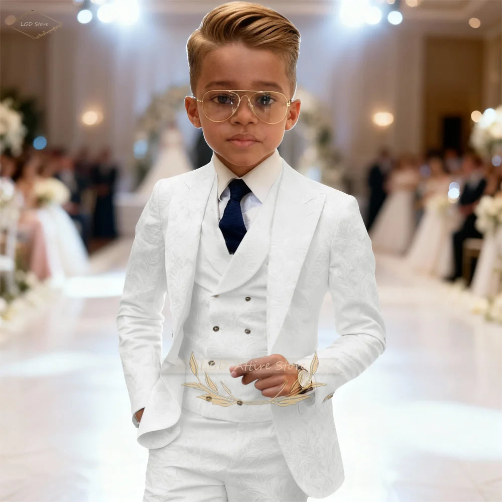 Kids Boys 3 Piece Intricate Jacquard Texture Blazer Suit Vest Trousers Elegant Gentleman Wedding Ceremony Formal Dress