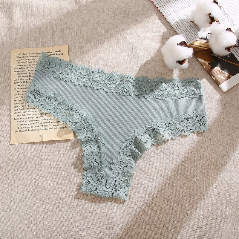 Lace Seamless Brazilian Panties Ribbed Cotton Low Waist Women's Panties Breathable Girls Underwear Plus Size Lingerie S-XL
