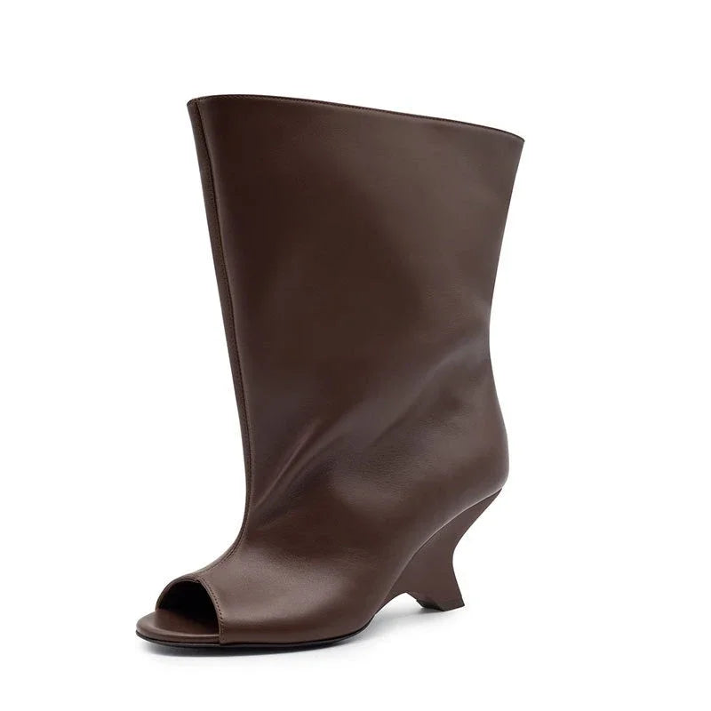 2025 European AndAmerican Nichedesign Versatileopen Toe Long Tube Cool Boots for Women, Crocodile Patterned Irregular High Heels
