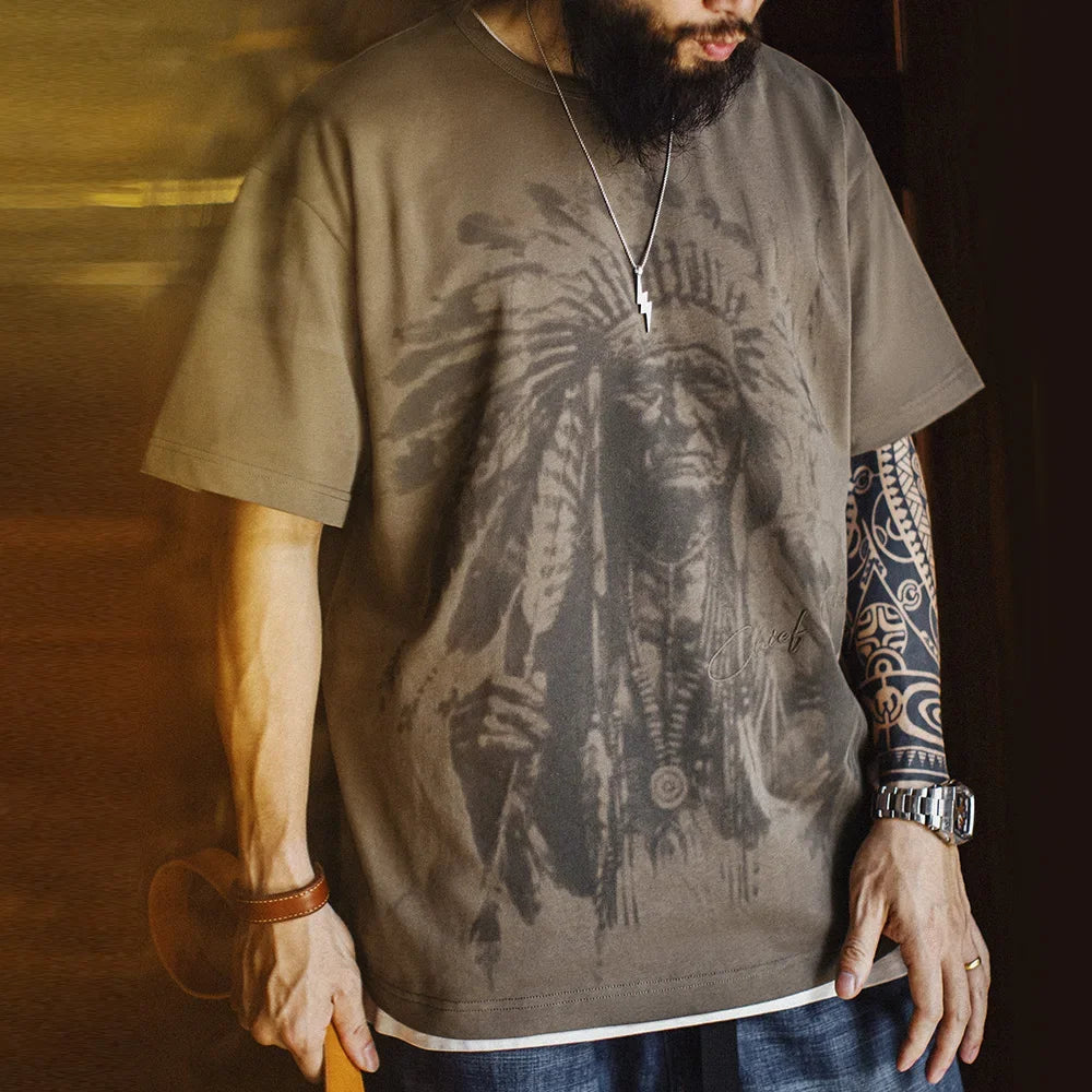 Maden Vintage Heavyweight Navajo Print Short Sleeve T-Shirt Men's Summer Cotton Tee Letter Embroidered Loose Fit Crew Neck Tops