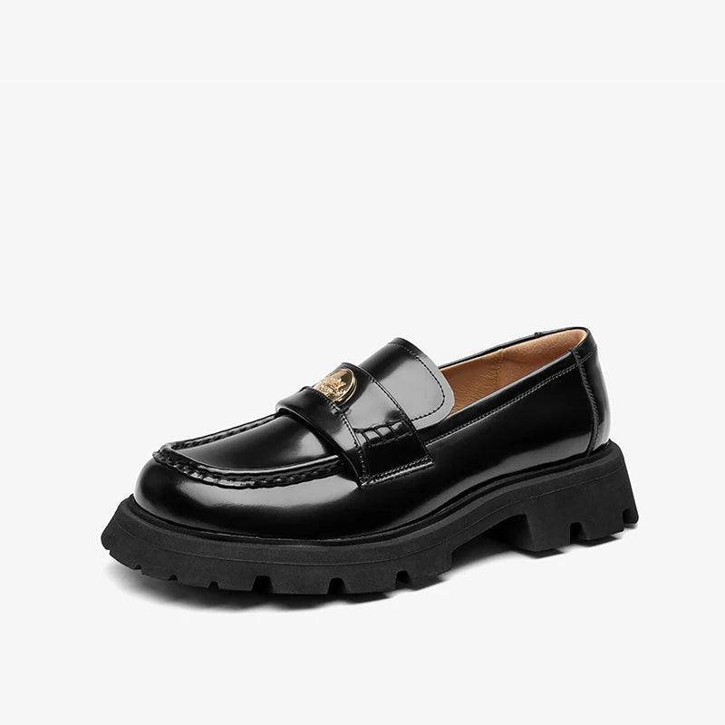 BEAUTODAY Penny Loafers Women Genuine Leather Moccasin Square Toe Metal Buckle Laides Platform Shoes Handmade 26424
