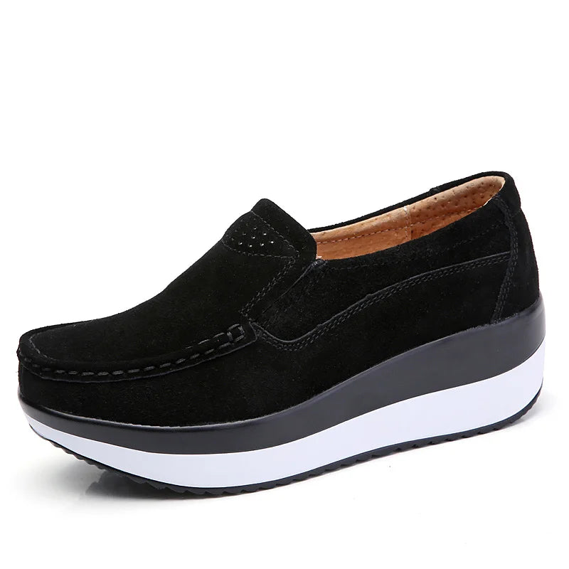 Women's Spring Autumn Genuine Leather Loafers - Fall Slip-On Round Toe Navy Platform Casual Flat Shoes