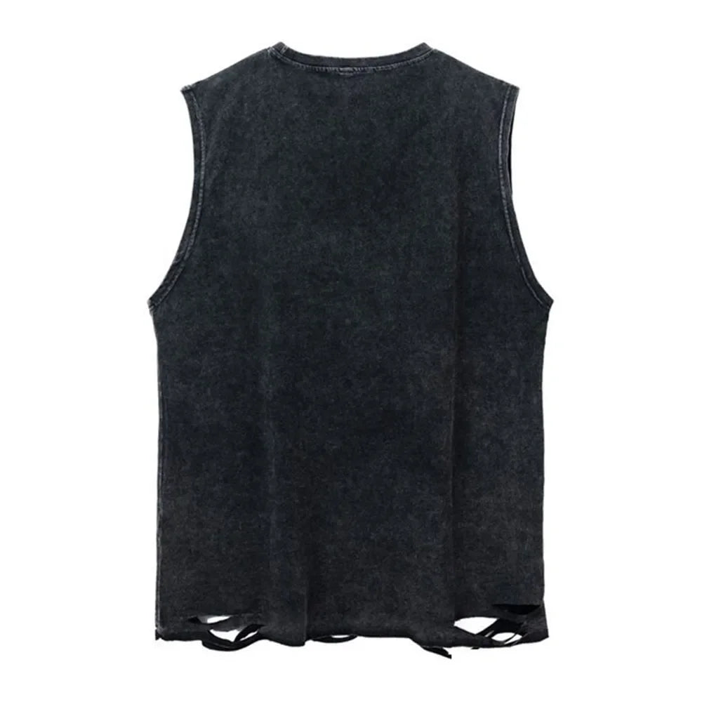 Mens Casual Washed Distressed Vest Summer New Fashion Versatile Hole Printed Metal Necklace Sleeveless T-Shirt For Men