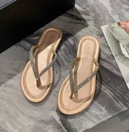 Lady New Luxury Crystal Thongs Shoes Flats Summer Flip Flops For Girls Outdoor Simple Leisure Slippers In Gold Silver 35-43 25cm
