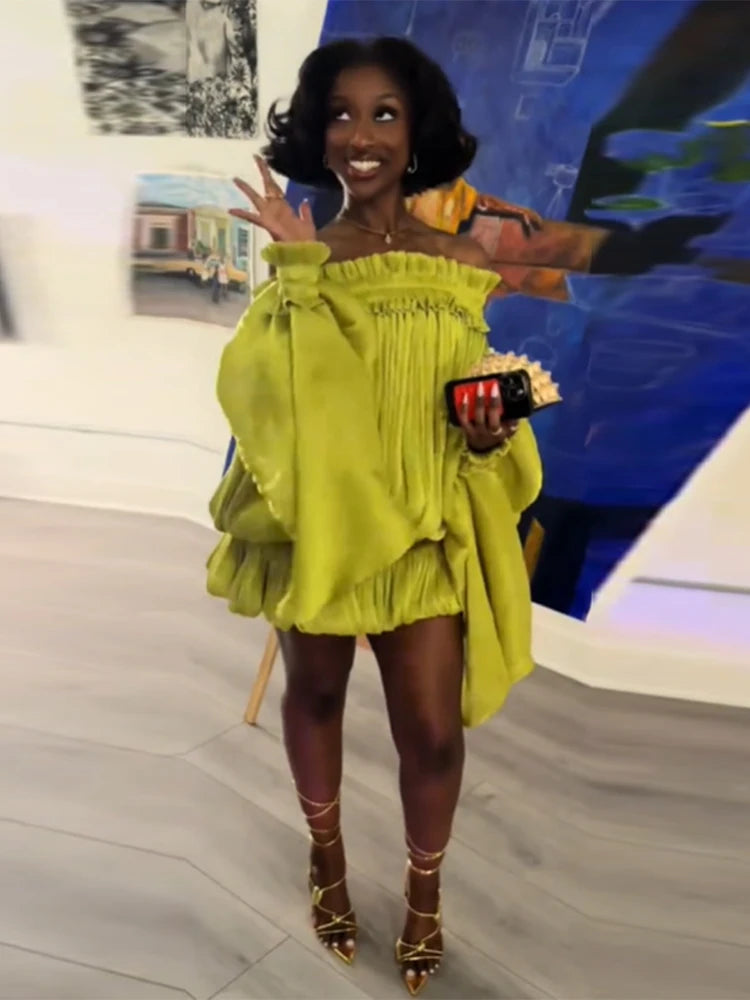 Women's Y2k Off Shoulder Pleated Mini Dress Elegant Lime Green Flare Long Sleeve Ruffle Hem Bubble Vestidos Date Party Dresses