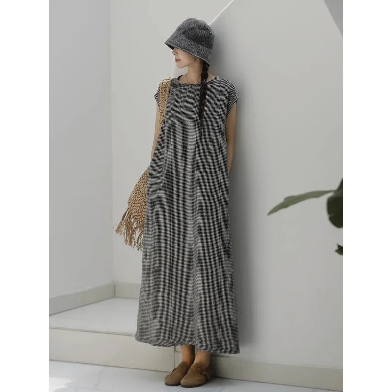 Casual Bla White Plaid A-Line Vest Dr Women's Mid-Length Spring Summer New Sle Simple Leisure Dr Korean Sle