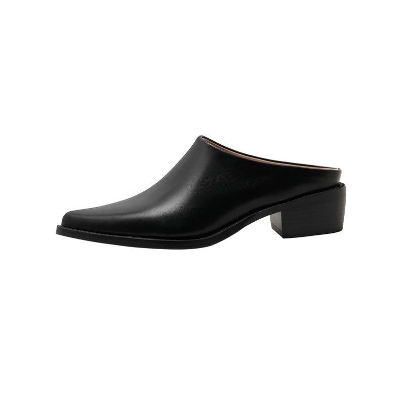 Kaky's New Pointed Cow Tied Leather Thick Heel Medium Heel Large Women's Slippers, Wrapped Half Slippers, Muller Shoes