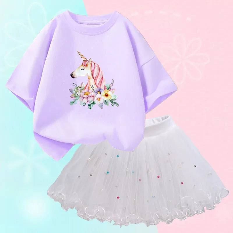 Dresses For Girl Summer Fashion Wear Outfit Kids T-Shirt Suit Unicorn Party Baby Costumes For Children Tulle Tutu Skirt Clothing