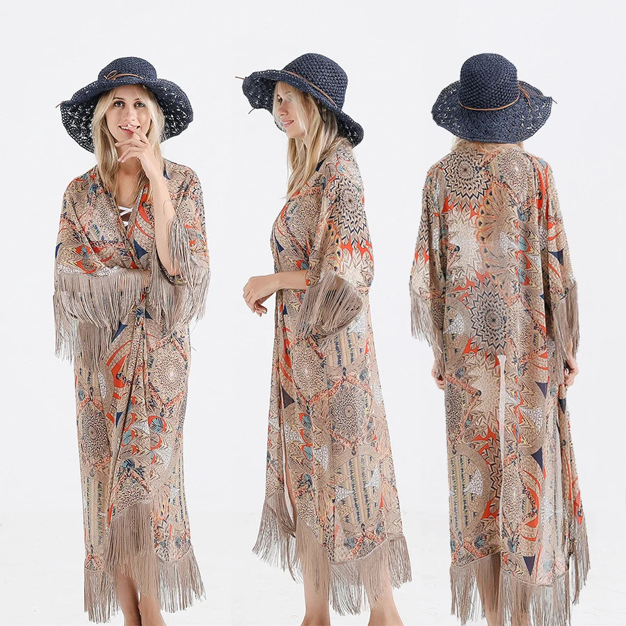 Fashion Vintage Paisley Bikini Cover Ups Summer Chiffon Cardigan Cape Women Beach Swimsuit Sun Protection Smock Loose