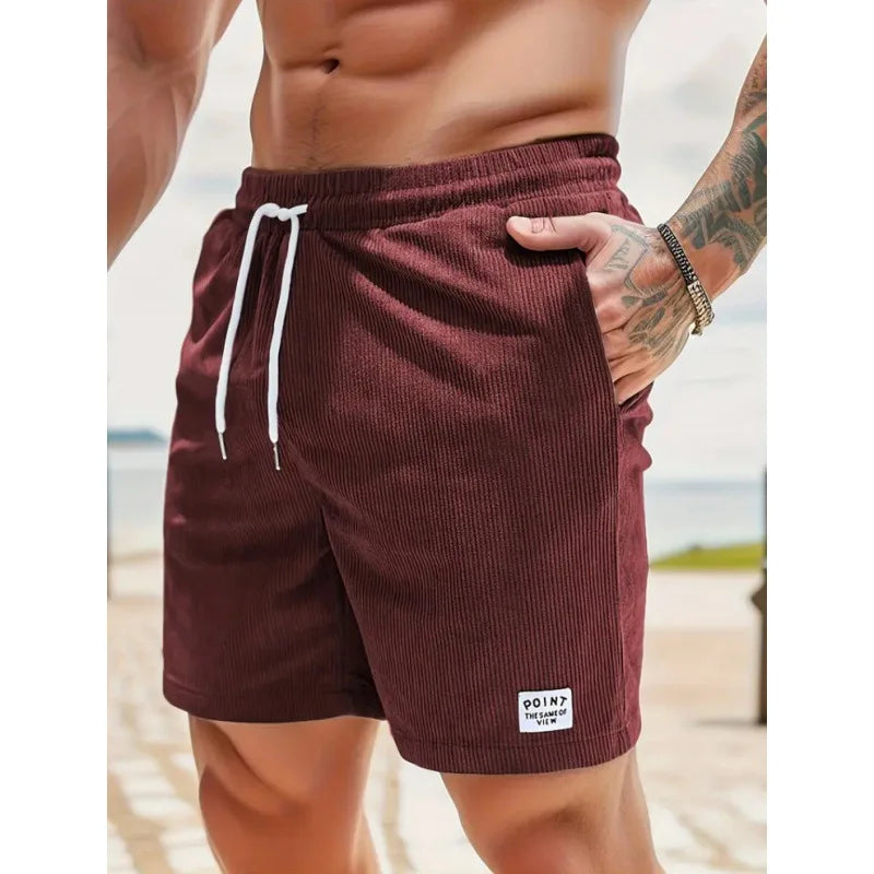 Men's Workwear Shorts Summer Casual Corduroy Loose Elastic Waist Multi-Pocket Leisure Pants Embroidery Retro Style Male Trousers