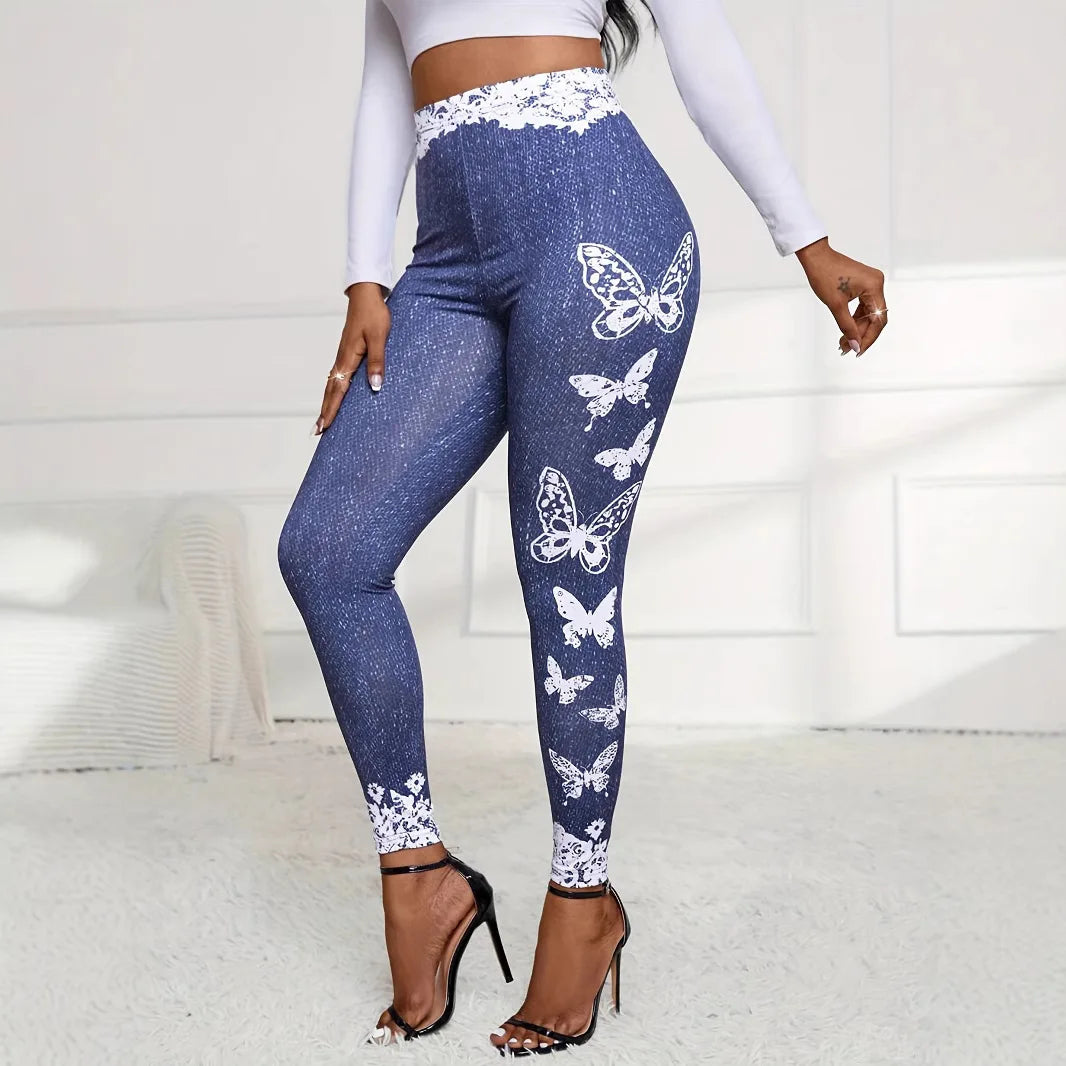 Fashionable new butterfly lace printed tight fitting imitation denim leggings