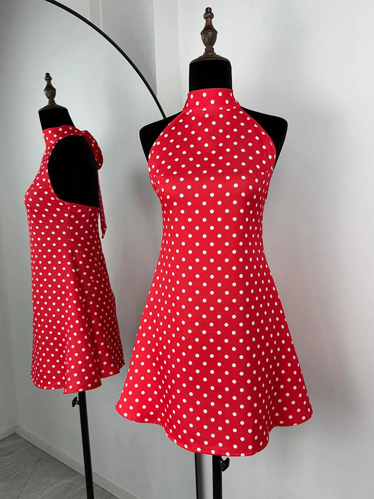 Talenza Polka Dot Mini Dress For Women Summer Off Shoulder Sleeveless Backless Halter Dress Female Elegant Party Slim Dress 2025