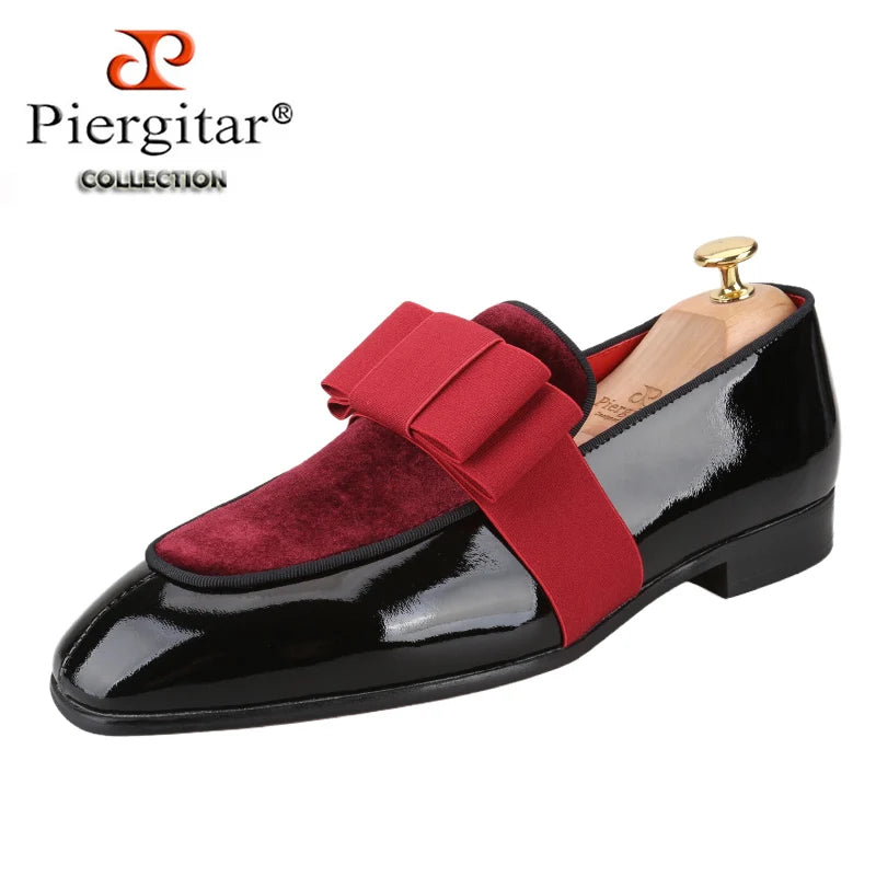 Black Patent Calfskin And Velvet Hand Stitching Men’s Dress Shoe With Grosgrain Ribbon Bow Adorns CL Brand Couture Loafer