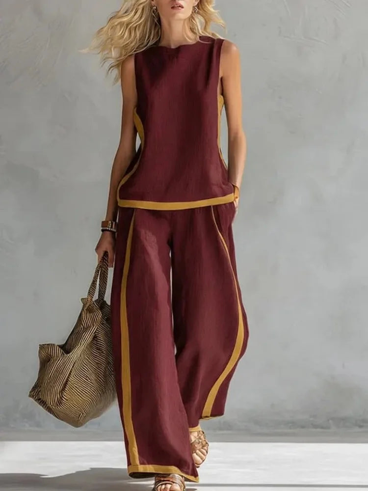 Women Two-piece Sleeveless Contrasting Color Wide-leg Trousers Suit - Loose O-Neck Pocket Sportswear Matching Set for Streetwear