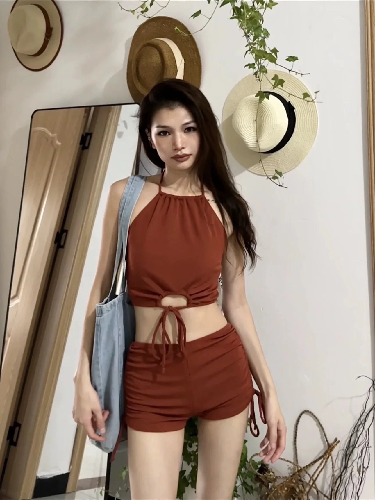European and American Sexy Bikini Solid Color Design Swimsuit Spicy Girl Hanging Neck Strap Beach Vacation Split Swimsuit
