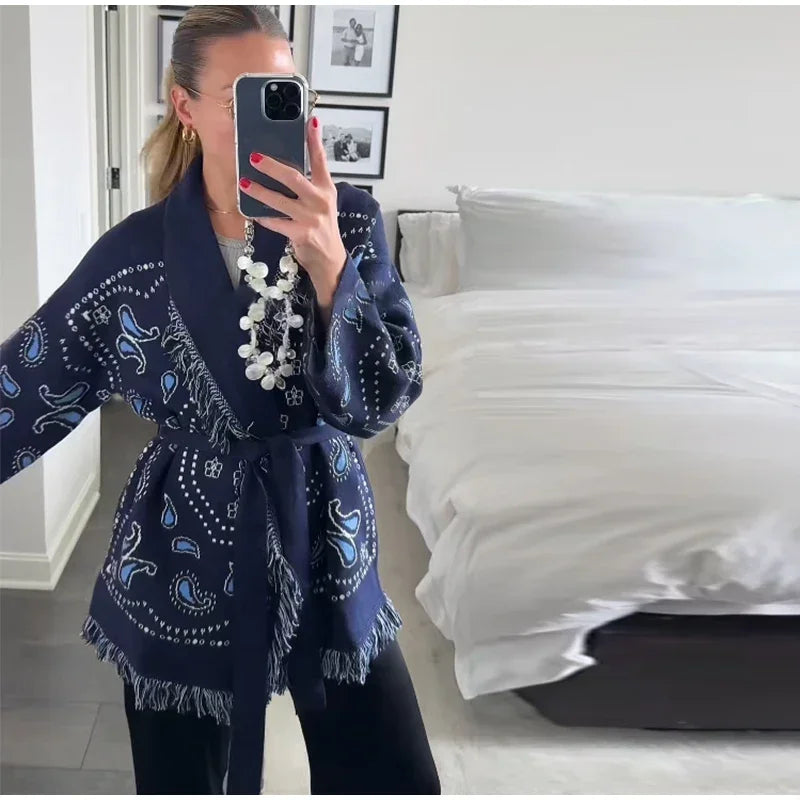 Elegant Print Tassel Cardigan Women Belt V-neck Long Sleeve Loose Knitted Sweaters Female 2025 Autumn Winter Chic Knitwears Lady