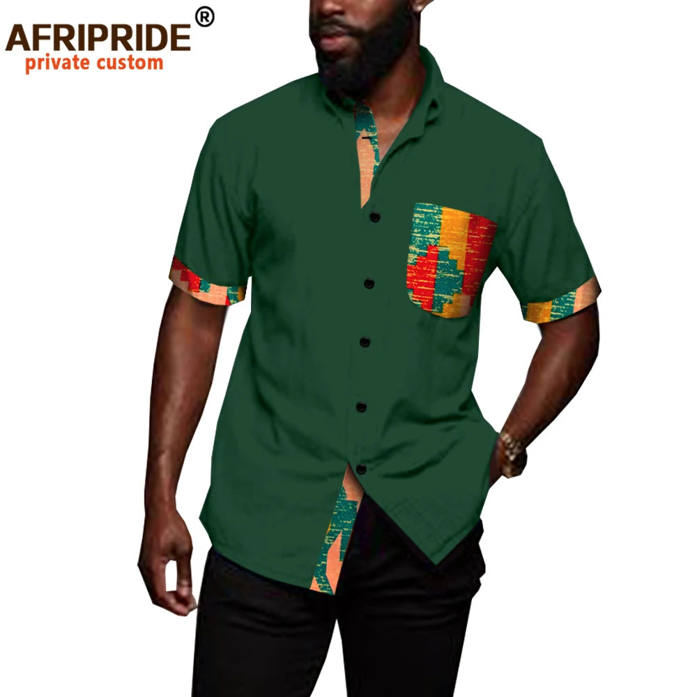 African Shirts for Men Denim Thin Shirt Short Sleeve Pockets Slim Slight Elastic Jeans Cowboy Shirt Clothing Crop Top A2012006