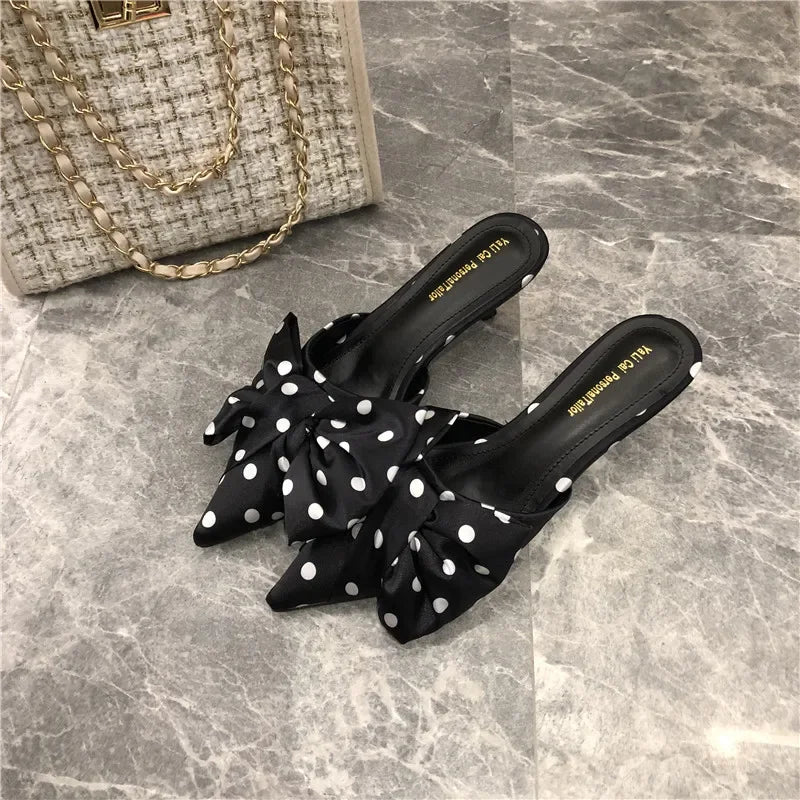 2024 Spring Pointed Toe Stiletto Heel Kitten Heels Bow Heel-Free Slippers for Women
