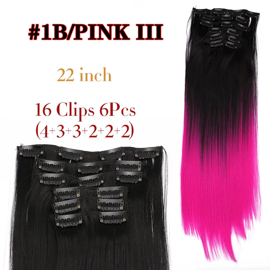 22 Inches Synthetic Long Straight Hairstyle 16 Clips 6Pcs/Set Hair Extensions Blonde Black Hairpieces Heat Resistant For Women