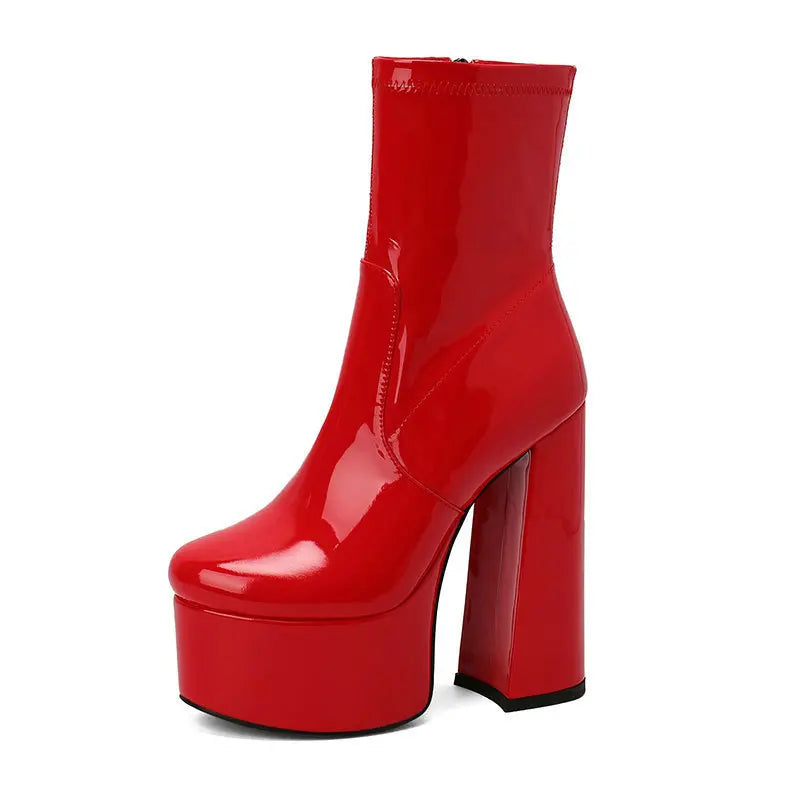 New Lacquer Leather Autumn and Winter Short Boots Women's Thick High Heels Sexy Short Tube Large Fashion Short Boots