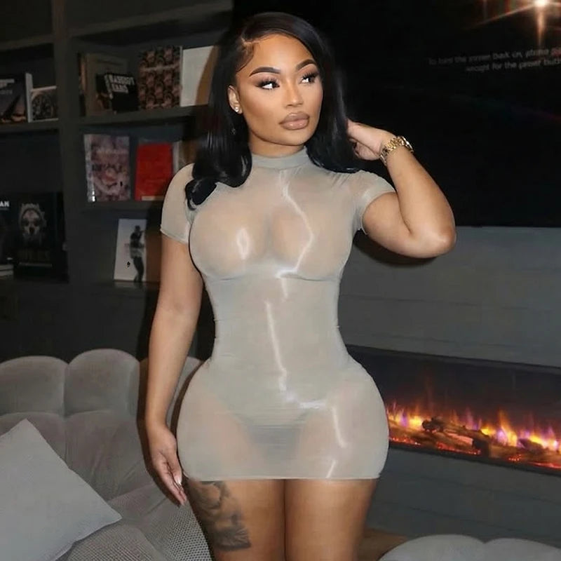 Sexy spicy girl style see through short sleeved tight fitting dress, short dress