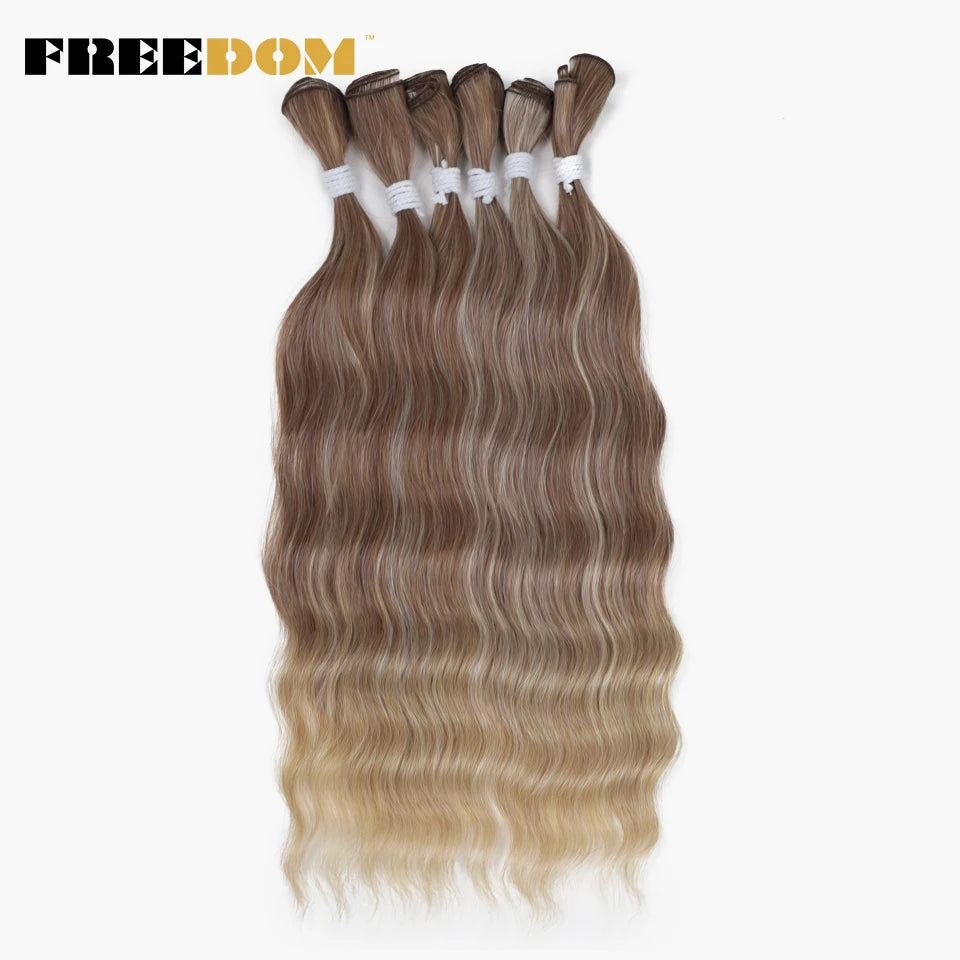 FREEDOM Synthetic Water Wave Hair Bundles 20 inch Synthetic Hair Extensions Ombre Blonde Brown Hair Weave Bundles 6Pcs/Pack