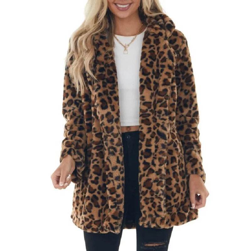 Women Winter Warm Faux Fur Coat Fashion Casual Turn-down Collar Leopard Jackets Ladies Streetwear Long Sleeve Pockets Overcoats