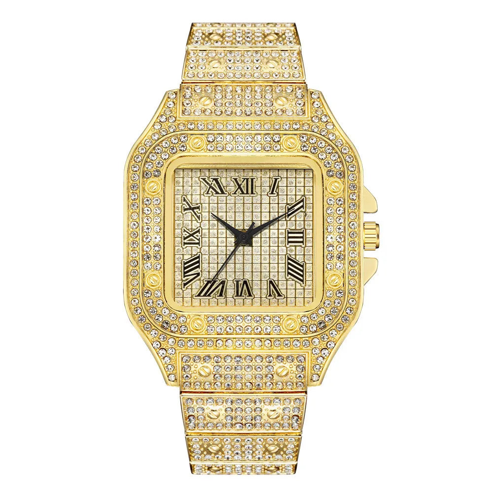 Luxury Men's Business Watches Steel Strap Square Roman Scale Rhinestone Quartz Watch Lesiure Male Wristwatch Relogio Masculino