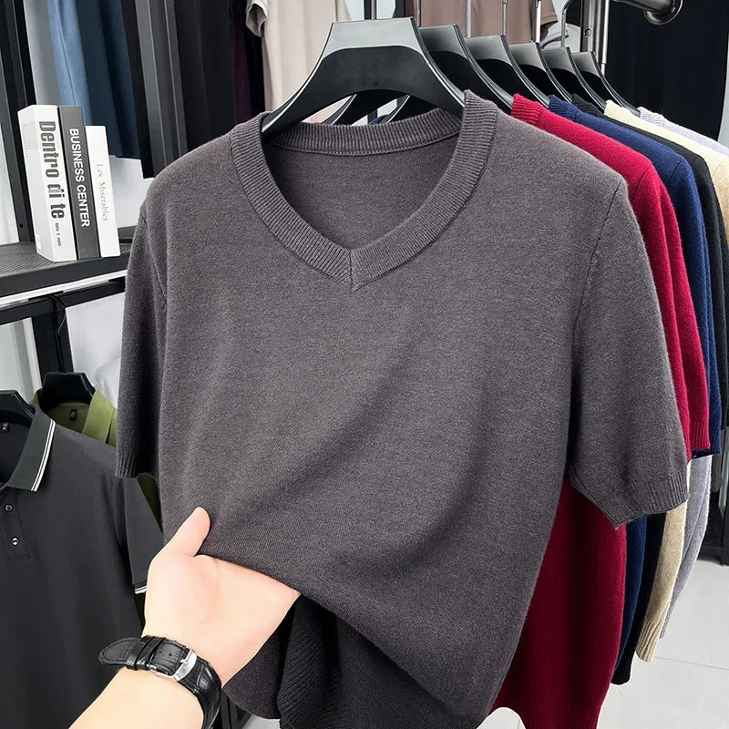 Mens V Neck Short Sleeve Wool Knit Pullover Soft Thin Knitwear For Business Office Daily Casual Spring Summer Basic Tops