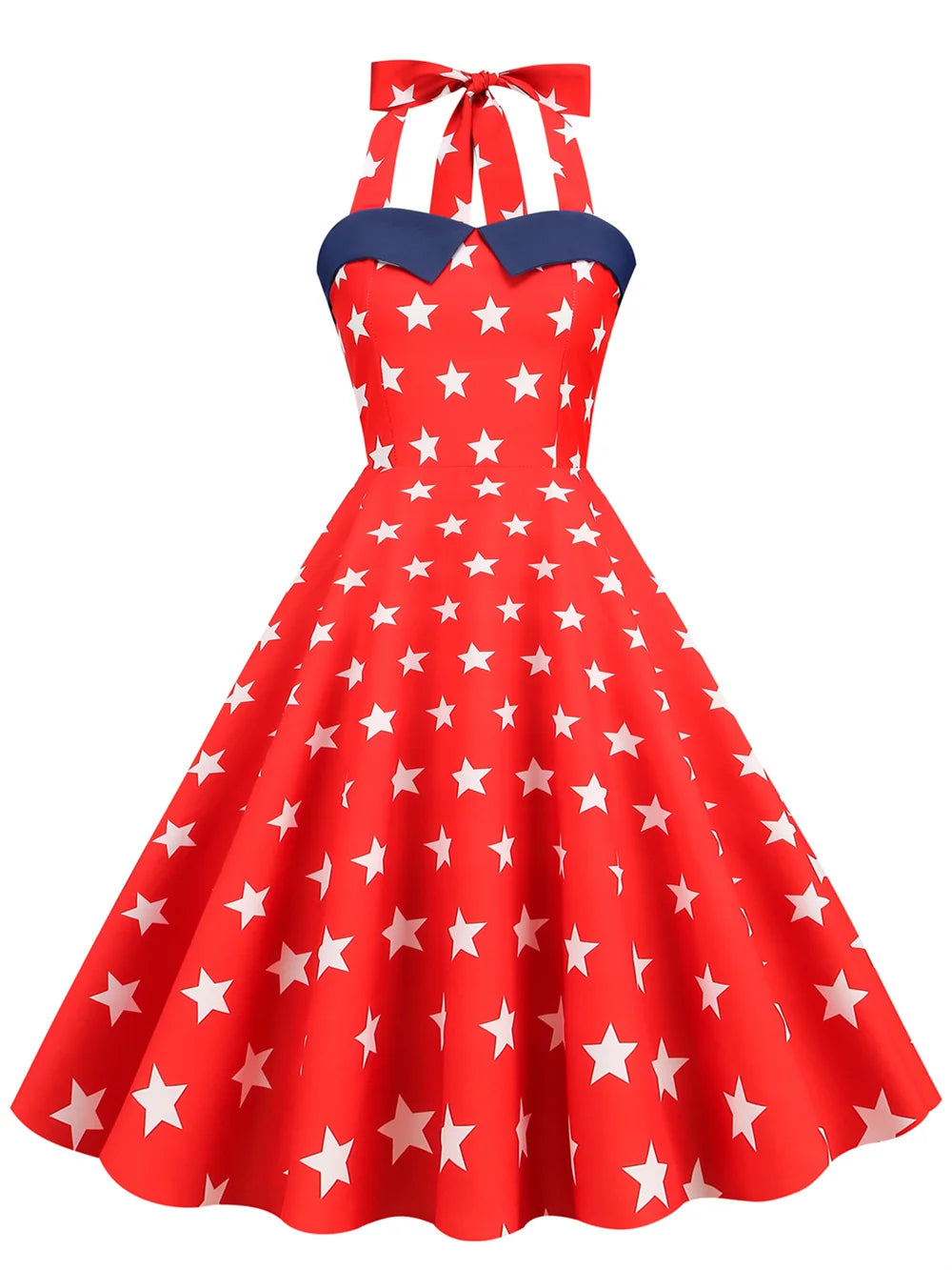 2025 Women Star Print Summer Dress Sexy Retro Blue Red Halter Vintage Dress Robe Femme Pin Up 50S 60s Rockabilly Party Dresses