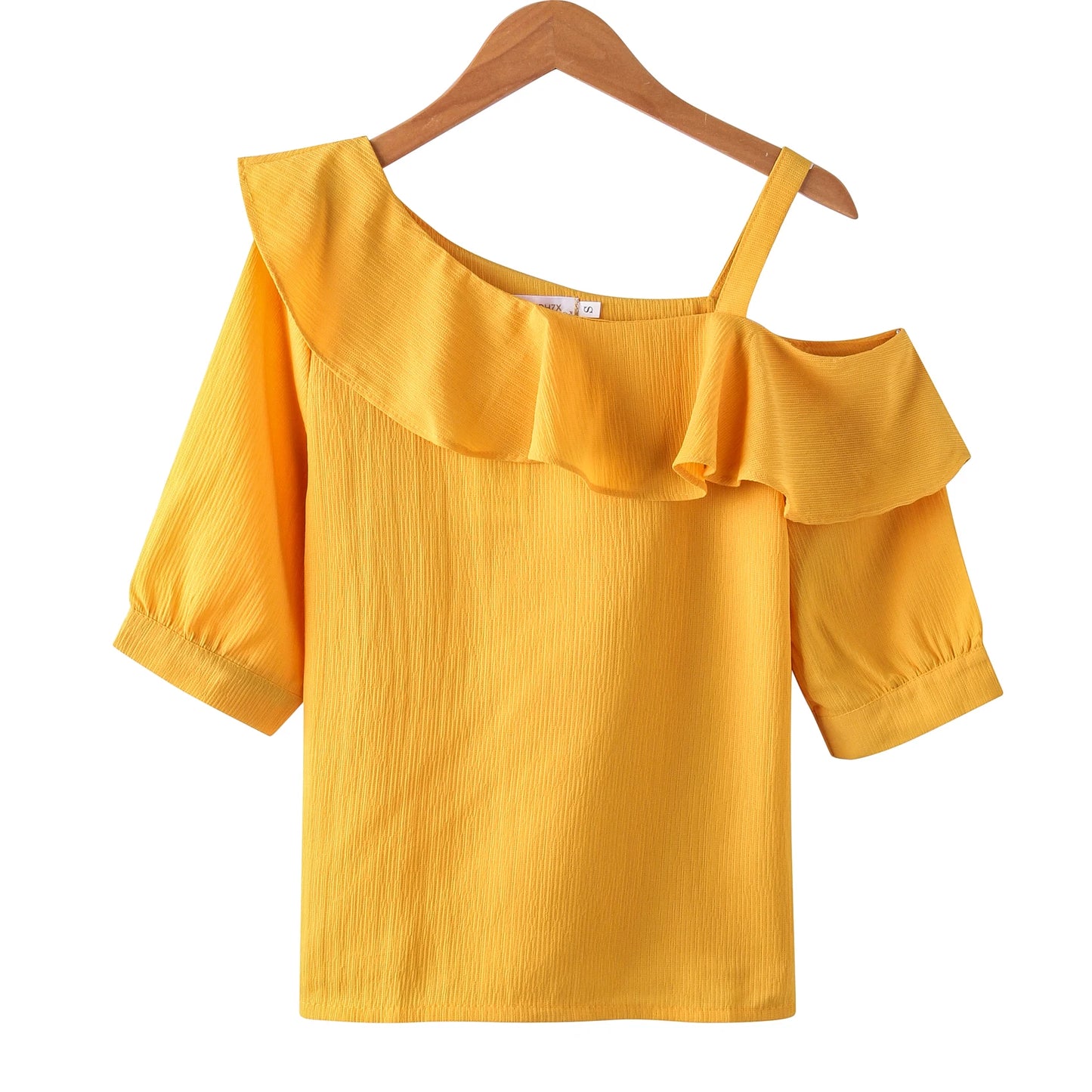 Women's One Shoulder Ruffles Chiffon Blouse Shirt Short Sleeve Pullover Acetate